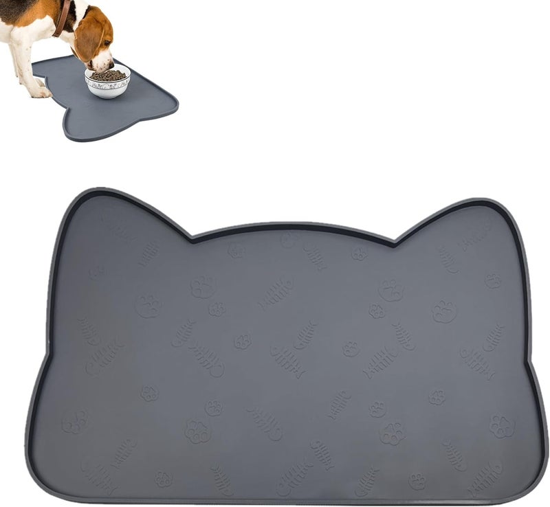 IYYI Cat Food Mat, Silicone Pet Food Mat for Floor, Waterproof Non Slip Pet Feeding Mat, Raised Edge Cat Bowl Mat to Stop Food Spills and Water Messes (Gray+Fishbone) - Image 1